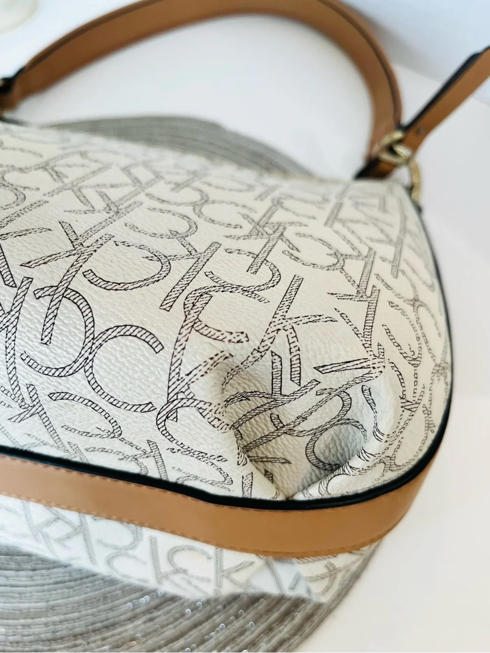 CALVIN KLEIN Shoulder Bag “HOLLY” Monogram Hobo Gold-Tone Tassel 13x11x6”